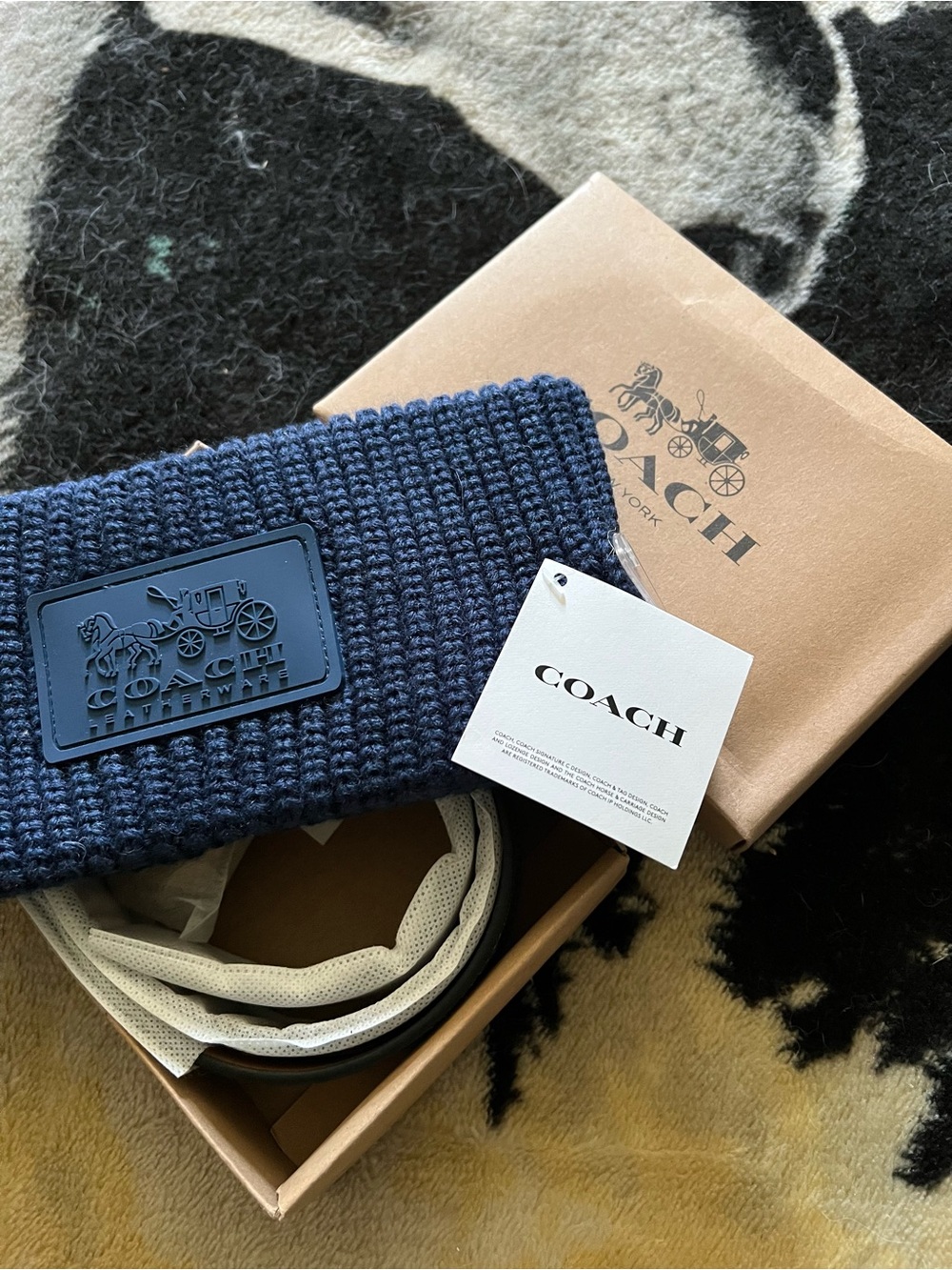 COACH Navy Knit Logo Headband with Patch and Blue Belt